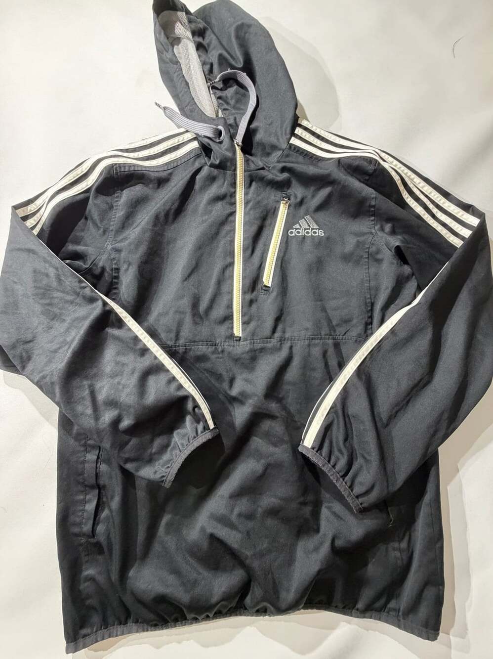 Adidas Mens M Black 3 Stripe Hooded Windbreaker Zip Jacket Y2K Athletic